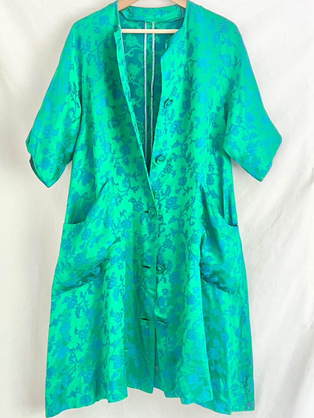 Vintage Emerald Green 100% Silk Jacquard Duster Coat Opera Jacket Dress